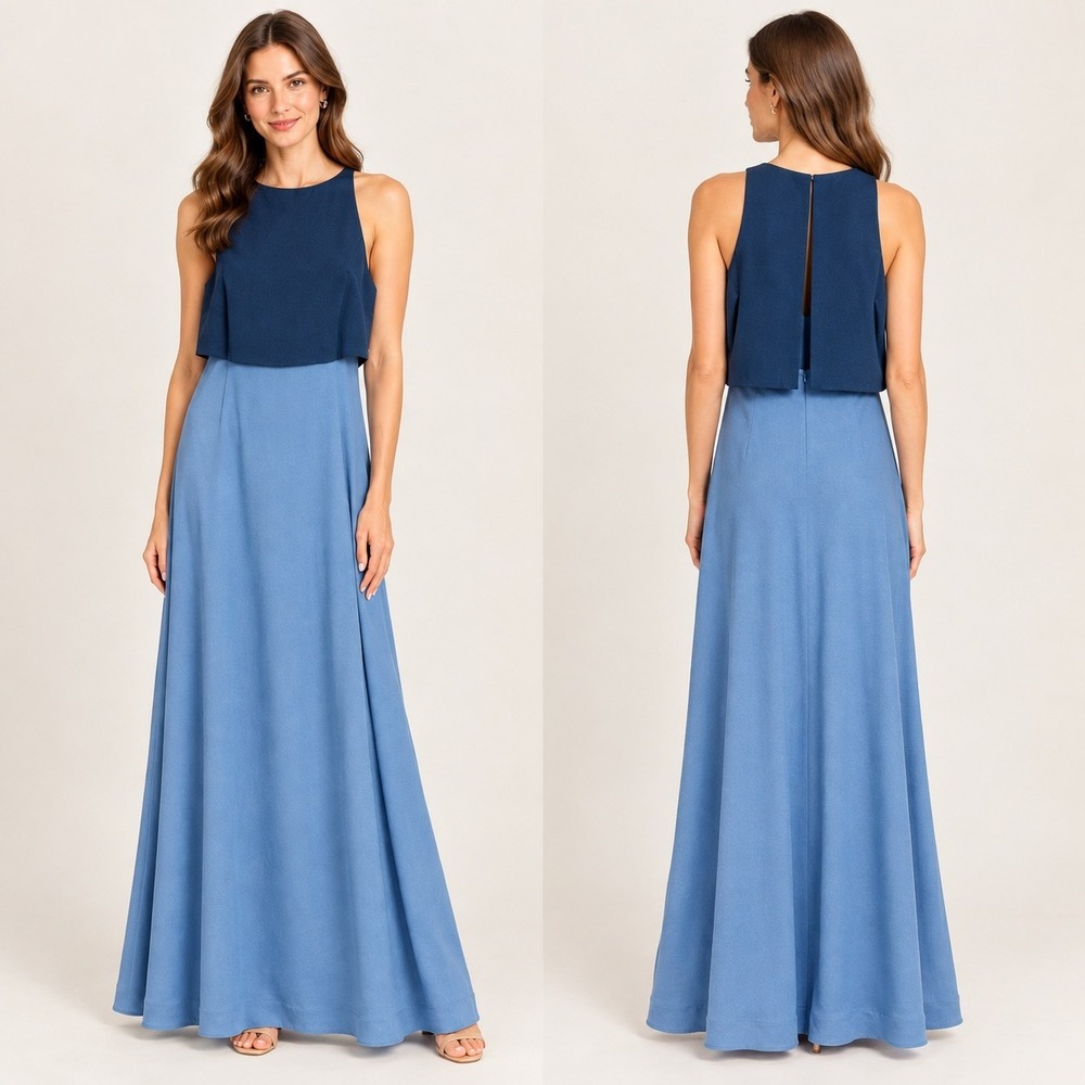 Jill Jill Stuart Blue Colorblock Chic Elegant Halter Neck Maxi Gown Dress Size 2